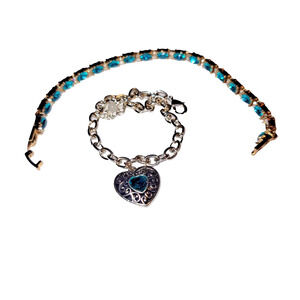 2 Blue Topaz Color Bracelet Set Tennis Heart Charm Something Blue Gift Crystal